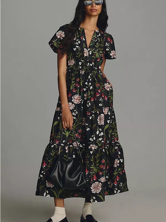 Anthropologie Dresses & Skirts - Anthropologie Black Floral Tiered Maxi Dress with Green & Pink Print